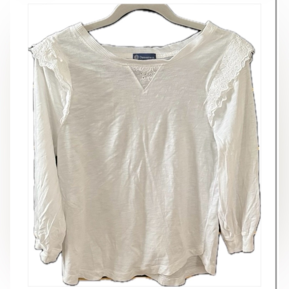 Democracy Crew Neck Long-Sleeve Top with Cotton Eyelet Shoulder Ruffles Size S